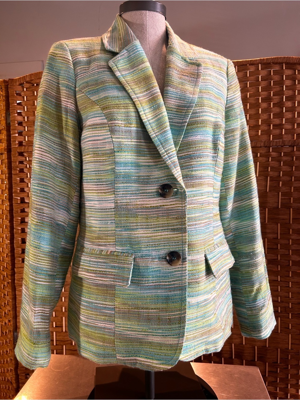 Coldwater Creek Textured Striped Blazer Jacket Size 8 Aqua Green Career Coastal
